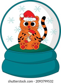 Christmas snowball with Tiger and candy cane. Draw illustration in color
