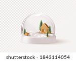 Christmas Snowball with trees and house. Glass snow globe isolated realistic 3d design. Festive Xmas object. Happy New Year and Merry Christmas. vector illustration