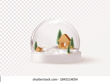 Christmas Snowball with trees and house. Glass snow globe isolated realistic 3d design. Festive Xmas object. Happy New Year and Merry Christmas. vector illustration