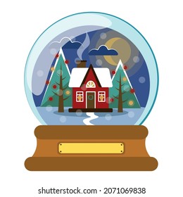 Christmas Snowball vector illustration. Christmas snow globe isolated. Tiny house and winter. Christmas home. Happy new year. Merry xmas. Christmas Eve night. Isolated snowglobe. Fully editable.