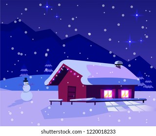 Christmas snow-covered landscape with a small house with lighting windows decorated with a garland of light bulbs and a snowman. Mountain dark blue landscape with snowfall and a starry sky.