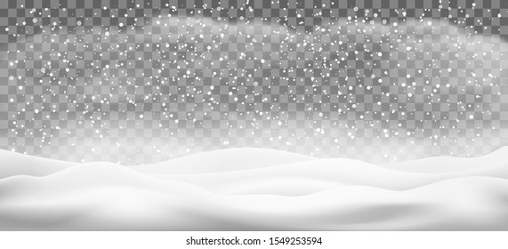 Christmas snowdrifts and snowfall. Outdoor snow landscape vector background, winter holiday image scene illustration with falling snowflakes