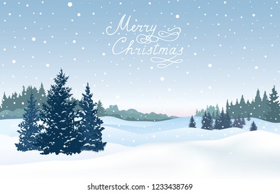 Christmas snowfall background. Snow winter landscape with deer.  Retro Merry Christmas greeting card.