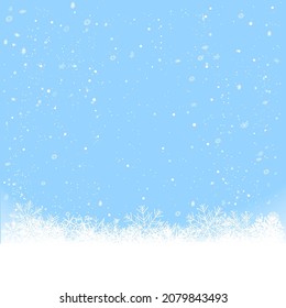 Christmas snowfall from blue sky background. Holiday cartoon backdrop snowfall. Seasonal decoration template