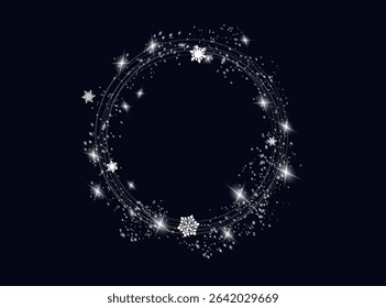 Christmas Snowfall. The circle of snowflakes sparkling transparent beautiful snow isolated on black background Lettering Merry Christmas. Snow Vector illustration