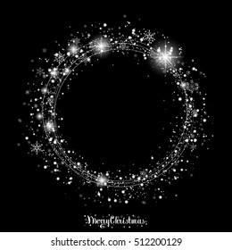 Christmas Snowfall. The circle of snowflakes sparkling transparent beautiful snow isolated on black background Lettering Merry Christmas. Snow Vector illustration