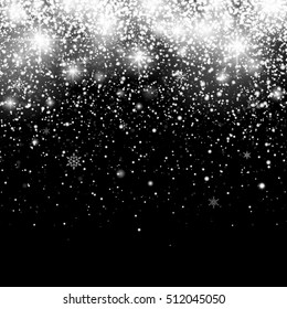 Christmas Snowfall. Falling Christmas sparkling transparent beautiful snow isolated on black background. Snowflakes. Vector illustration.