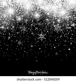 Christmas Snowfall. Falling Christmas sparkling transparent beautiful snow isolated on black background. Lettering Merry Christmas. Snowflakes. Vector illustration.