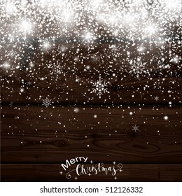 Christmas Snowfall. Falling Christmas sparkling transparent beautiful snow isolated on wooden background Lettering Merry Christmas. Snowflakes. Vector illustration.