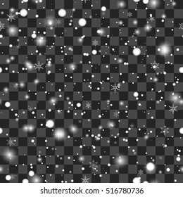 Christmas Snowfall. Falling Christmas sparkling transparent beautiful snow isolated on transparent background. Snowflakes. Seamless pattern