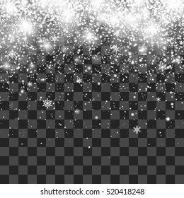 Christmas Snowfall. Falling Christmas sparkling transparent beautiful snow isolated on transparent background. Snowflakes. Vector illustration.