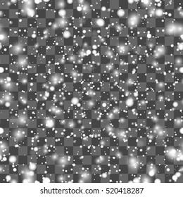 Christmas Snowfall. Falling Christmas sparkling transparent beautiful snow isolated on transparent background. Snowflakes. Seamless pattern.