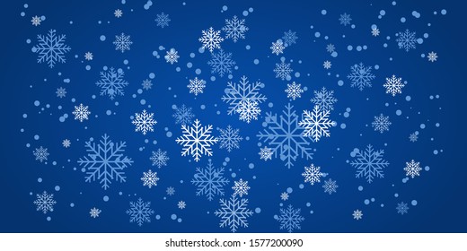 Christmas snowfall, festive mood, snow and swirling snowflakes on a blue background. New year illustration with snowflakes. Vector illustration EPS10.