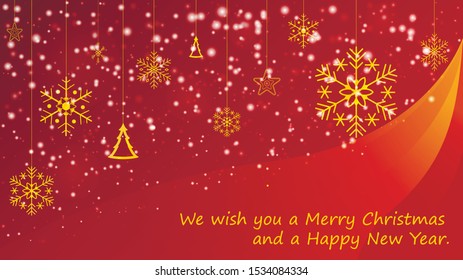 Christmas snowfall on red background with gold snowflake, christmas tree and stars