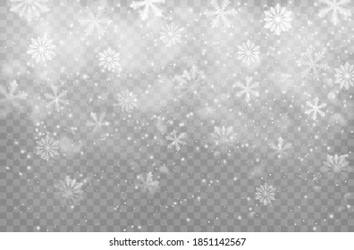 Christmas snowfall and snowflakes vector background, Xmas backdrop with falling snow and steam. Snowflakes transparent decoration effect. Holiday magic white snowfall, winter snowstorm