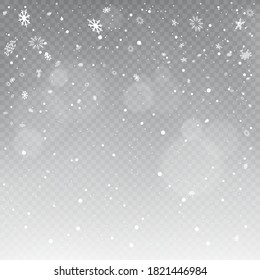 Christmas snowfall template on transparent background. Winter snow falling mockup. Snow decoration backdrop