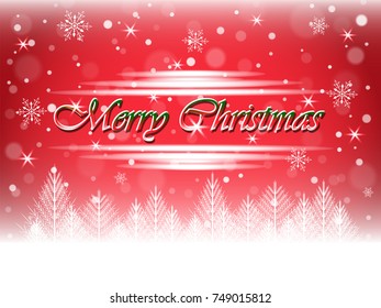 Christmas snowfall and winter forest on Merry Christmas postcard background. Vector illustration.