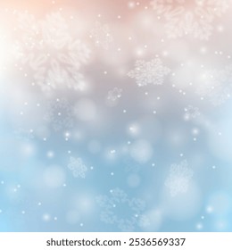Christmas snowfall. Winter snow background. Blue sky with falling snow, snowflake. Fantazy design template. Eps 10