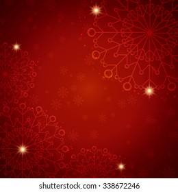 Christmas Snowflake abstract red background with glow and snowfall