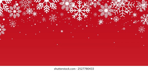 Christmas snowflake background. Red bokeh christmas design for greeting card. white Seamless snow flake border