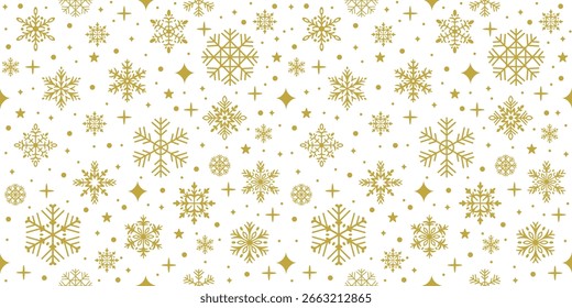 Navidades de fondo de copo de nieve. Patrón sin fisuras de vacaciones de invierno. Copos de nieve de oro festivos, patrón de estrellas con encanto escarchado. Repitiendo brillo, Elementos de copo de nieve de cristal. Textura de Vector.