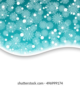 Christmas, snowflake background. Winter snow. Happy new year holiday. Merry Christmas decoration green background. Vector illustration