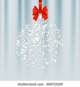 Christmas  snowflake ball background with red bow.