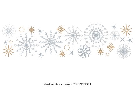 Christmas snowflake banner, elements border, card with greeting, seamless pattern vector illustration