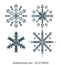 Christmas snowflake circle illustration vector motif set. Masculine winter snow graphic for holiday, xmas, frosty icon. Hand drawn December snowy six pointed star.
