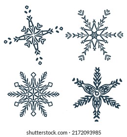 Christmas snowflake circle illustration vector motif set. Masculine winter snow graphic for holiday, xmas, frosty icon. Hand drawn December snowy six pointed star.