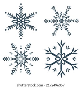 Weihnachtsschneeflocken, Vektorgrafik-Motivset. Maskuliner Winterschnee-Grafik für Urlaub, Weihnachten, Frostsymbol. Handgezeichnet Dezember schneebedeckte sechs Sterne.