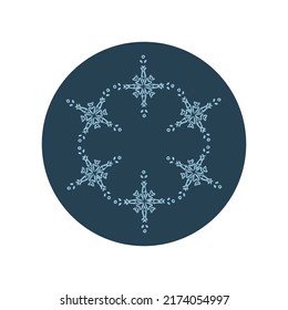 Christmas snowflake circle illustration vector motif. Masculine winter snow graphic for holiday, xmas, frosty icon. Hand drawn December snowy six pointed star.