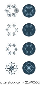 Christmas snowflake circle illustration vector motif set. Masculine winter snow graphic for holiday, xmas, frosty icon. Hand drawn December snowy six pointed star.