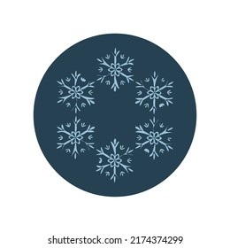 Christmas snowflake circle illustration vector motif. Masculine winter snow graphic for holiday, xmas, frosty icon. Hand drawn December snowy six pointed star.