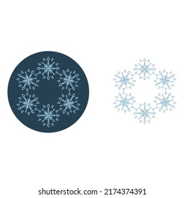 Christmas snowflake circle illustration vector motif. Masculine winter snow graphic for holiday, xmas, frosty icon. Hand drawn December snowy six pointed star.