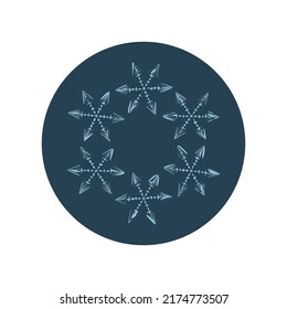 Christmas snowflake circle illustration vector motif. Masculine winter snow graphic for holiday, xmas, frosty icon. Hand drawn December snowy six pointed star.