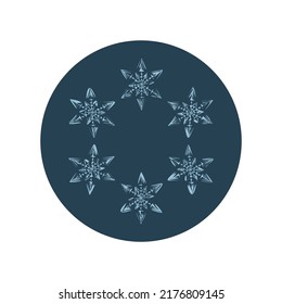 Motif vectorial de ilustración del círculo del copo de nieve de Navidad. Gráfico de nieve masculina de invierno para vacaciones, Navidad, icono helado. La mano dibujó en diciembre una estrella de seis puntas.