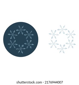 Christmas snowflake circle illustration vector motif. Masculine winter snow graphic for holiday, xmas, frosty icon. Hand drawn December snowy six pointed star.