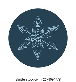 Christmas snowflake circle illustration vector motif. Masculine winter snow graphic for holiday, xmas, frosty icon. Hand drawn December snowy six pointed star.