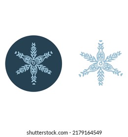 Christmas snowflake circle illustration vector motif. Masculine winter snow graphic for holiday, xmas, frosty icon. Hand drawn December snowy six pointed star.