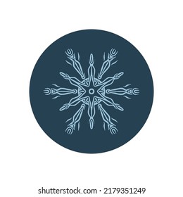 Christmas snowflake circle illustration vector motif. Masculine winter snow graphic for holiday, xmas, frosty icon. Hand drawn December snowy six pointed star.