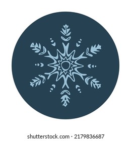 Christmas snowflake circle illustration vector motif. Masculine winter snow graphic for holiday, xmas, frosty icon. Hand drawn December snowy six pointed star.