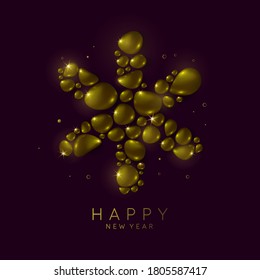 The Christmas snowflake consists of three-dimensional figures. Happy new greeting card and greeting card with luxury gold elements. An unusual idea and template for the design.