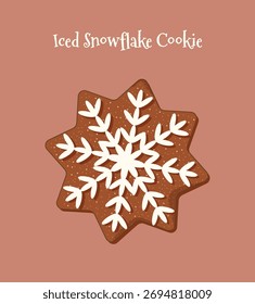 Weihnachts-Schneeflocken-Keks auf beigem Hintergrund. Flache Illustration von zarten Lebkuchen Schneekristall mit Frosting isoliert. Winterkunst für Banner, Karten, Social Media