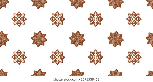 Patrón de galletas de copo de nieve de Navidades. Ilustración plana sin fisuras de cristales de nieve de jengibre sobre fondo blanco. Ilustración vectorial de invierno para el paquete, tarjetas de felicitación