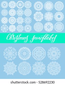  christmas snowflake decoration set isolated on blue, circle lace round ornamental geometric winter pattern collection, vector illustration