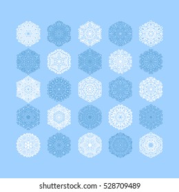  christmas snowflake decoration set isolated on blue, circle lace round ornamental geometric winter pattern collection, vector illustration