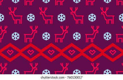 Christmas snowflake and deer pattern background for winter holiday New Year greeting card design template. Vector seamless red reindeer and zigzag knitting embroidery tracery pattern purple background