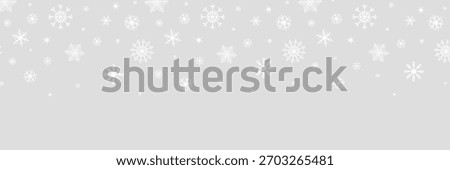 Christmas snowflake gray banner. White snowflakes frame. Happy Holiday card. Hello winter border. Color snowfall frame. Flying confetti. Celebration design. Vector illustration.