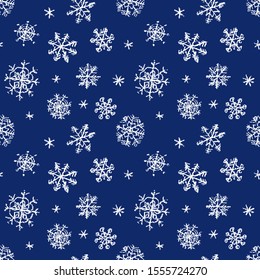 Christmas Snowflake Hand Drawing Seamless Pattern On Dark Blue. Like Child's Drawing Crayon, Chalk Or Pencil White Snow. Kids Drawn Vector Grunge Style Texture Background. Winter Cute Decor Ornament